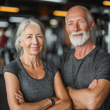 Активні старші люди займаються йогою на свіжому повітрі