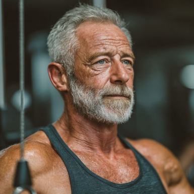 Група активних старших людей на заняттях фітнесу